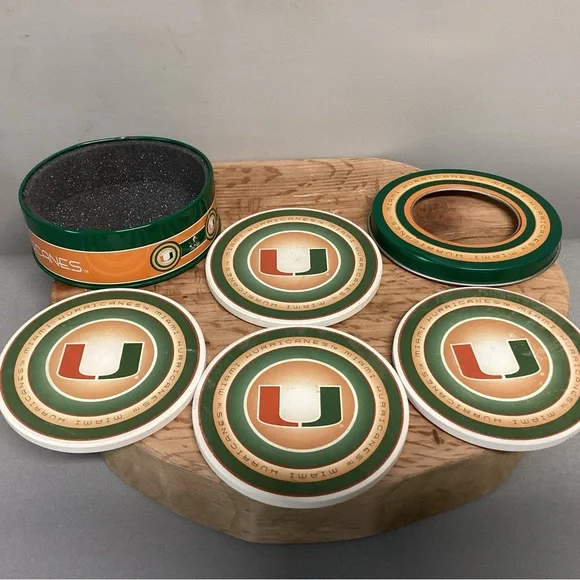 🟢 Miami Hurricanes College Football Ceramic Coaster Set in Metal Tin - Rare - Picture 6 of 16